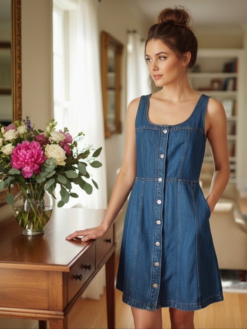 Free Assembly Denim Blue Daydream Button‑Front Sleeveless Mini Dress Size XS